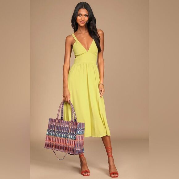 LULUS Bold New Look Lime Green Tie-Back Midi Dress With Pockets *NEW* - Picture 1 of 15